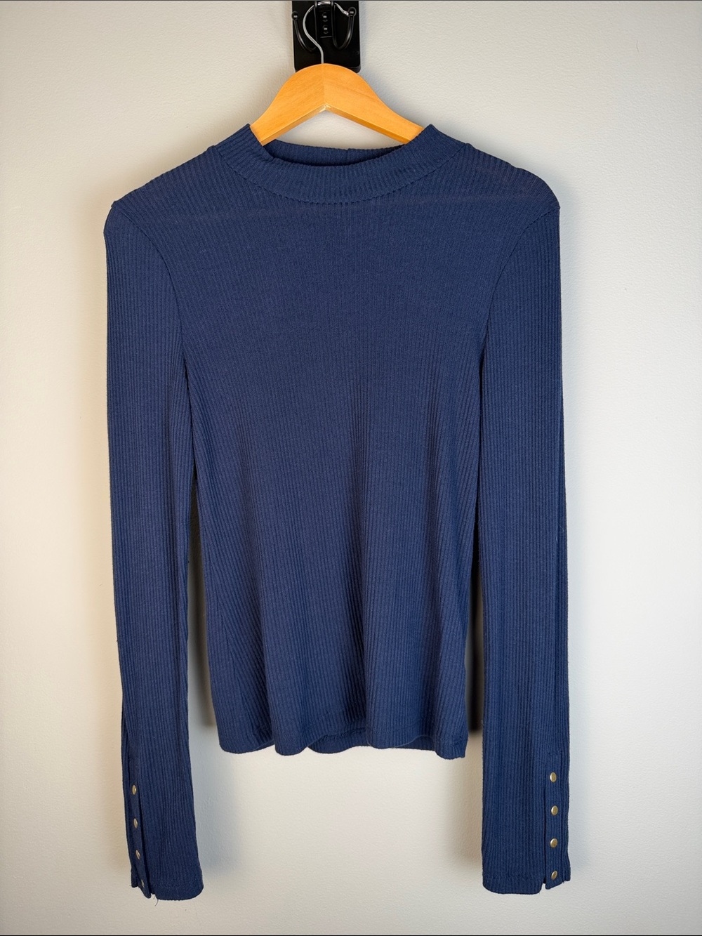 Treasure and Bond Mock Neck Navy Ribbed Long Top Preppy Academia Layering